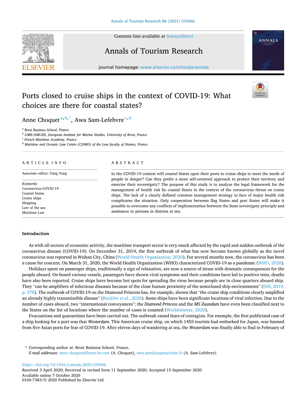 Ports Closed to Cruise Ships in the Context of COVID-19: What Choices Are There for Coastal States?