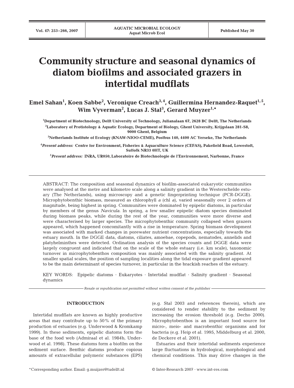 Community Structure and Seasonal Dynamics of Diatom Biofilms and Associated Grazers in Intertidal Mudflats