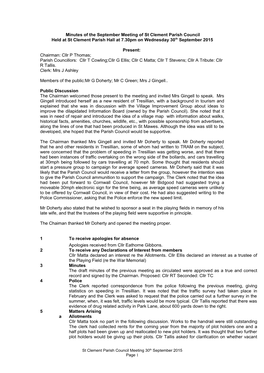 Minutes of the September Meeting of St Clement Parish Council Held at St Clement Parish Hall at 7.30Pm on Wednesday 30Th September 2015