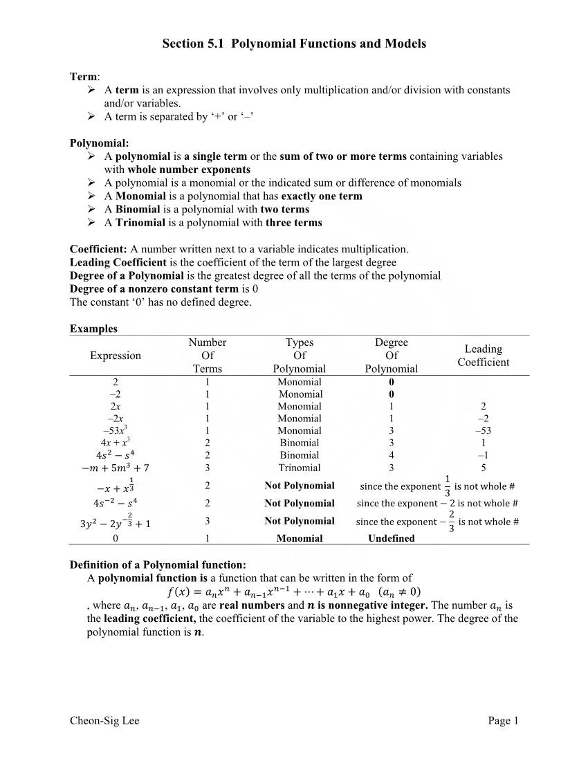 Section 5.1 Polynomial Functions and Models