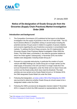 Notice of De-Designation of Ocado Group Plc from the Groceries (Supply Chain Practices) Market Investigation Order 2009