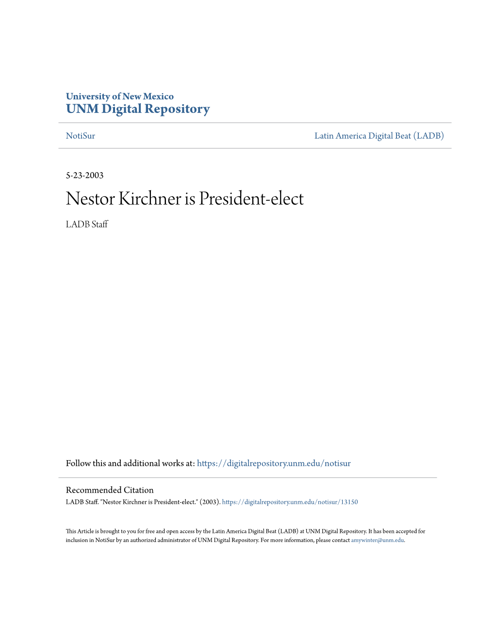 Nestor Kirchner Is President-Elect LADB Staff