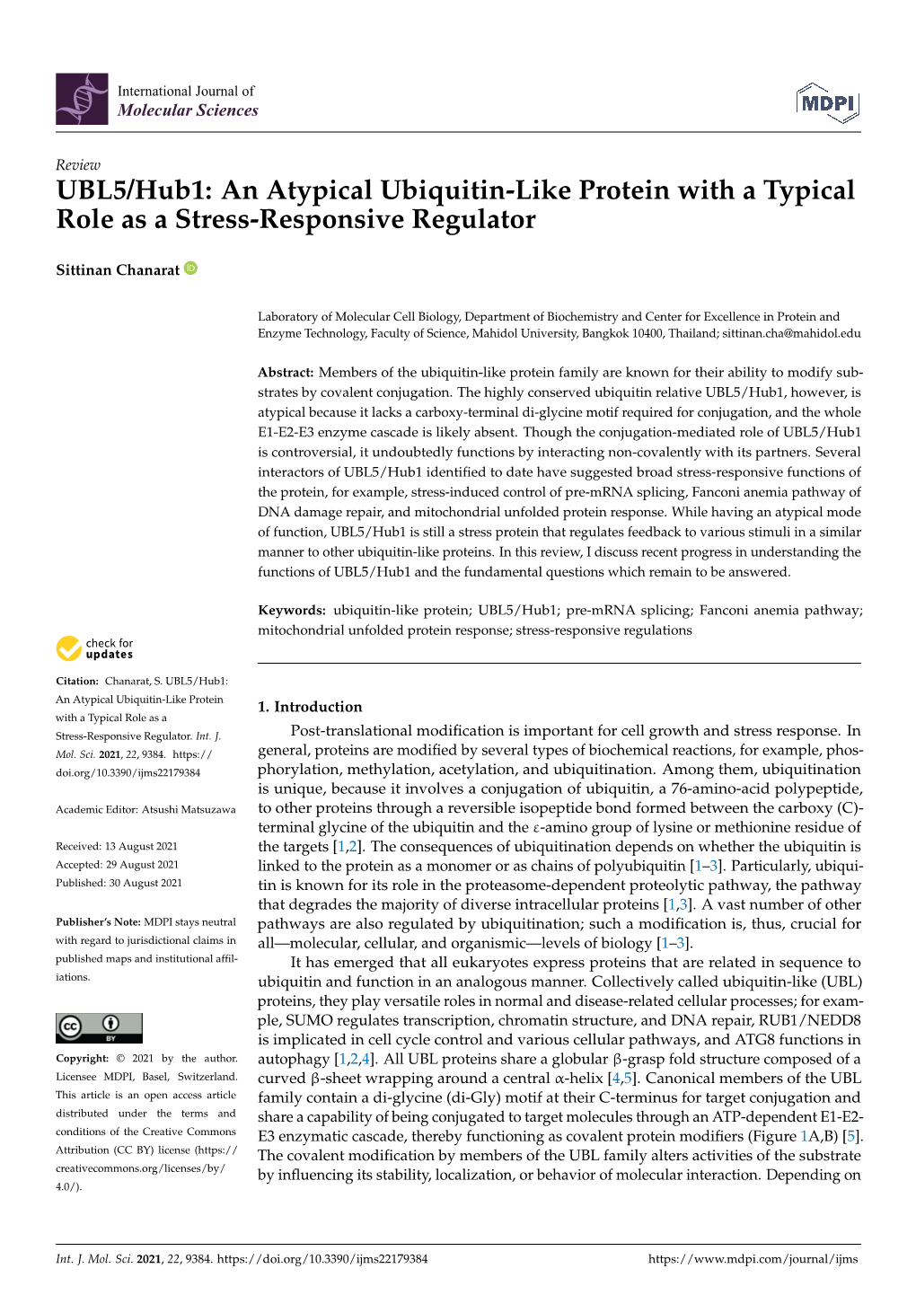 UBL5/Hub1: an Atypical Ubiquitin-Like Protein with a Typical Role As a Stress-Responsive Regulator