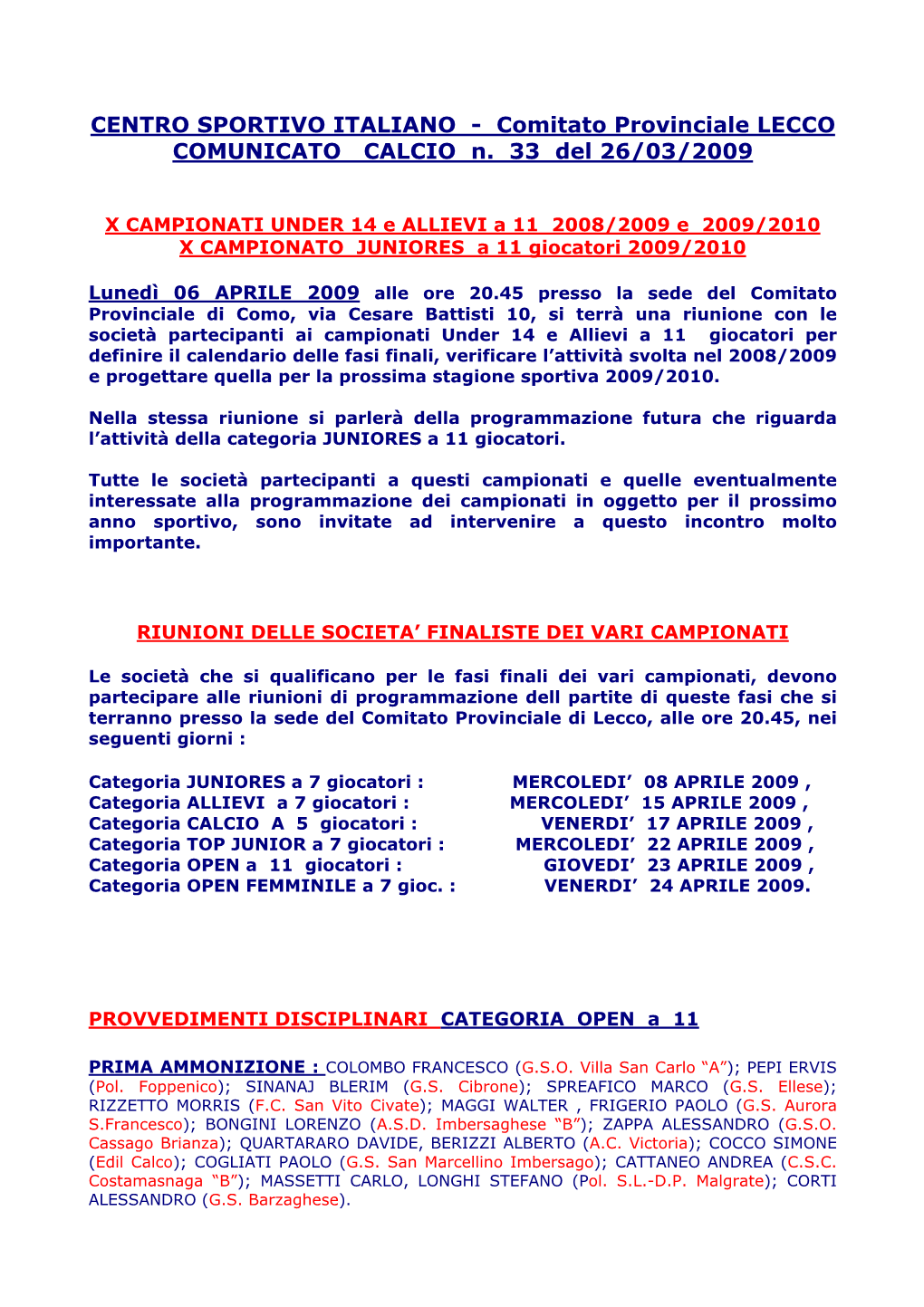 Comitato Provinciale LECCO COMUNICATO CALCIO N