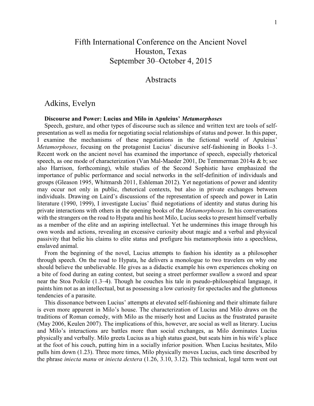 Fifth International Conference on the Ancient Novel Houston, Texas September 30–October 4, 2015