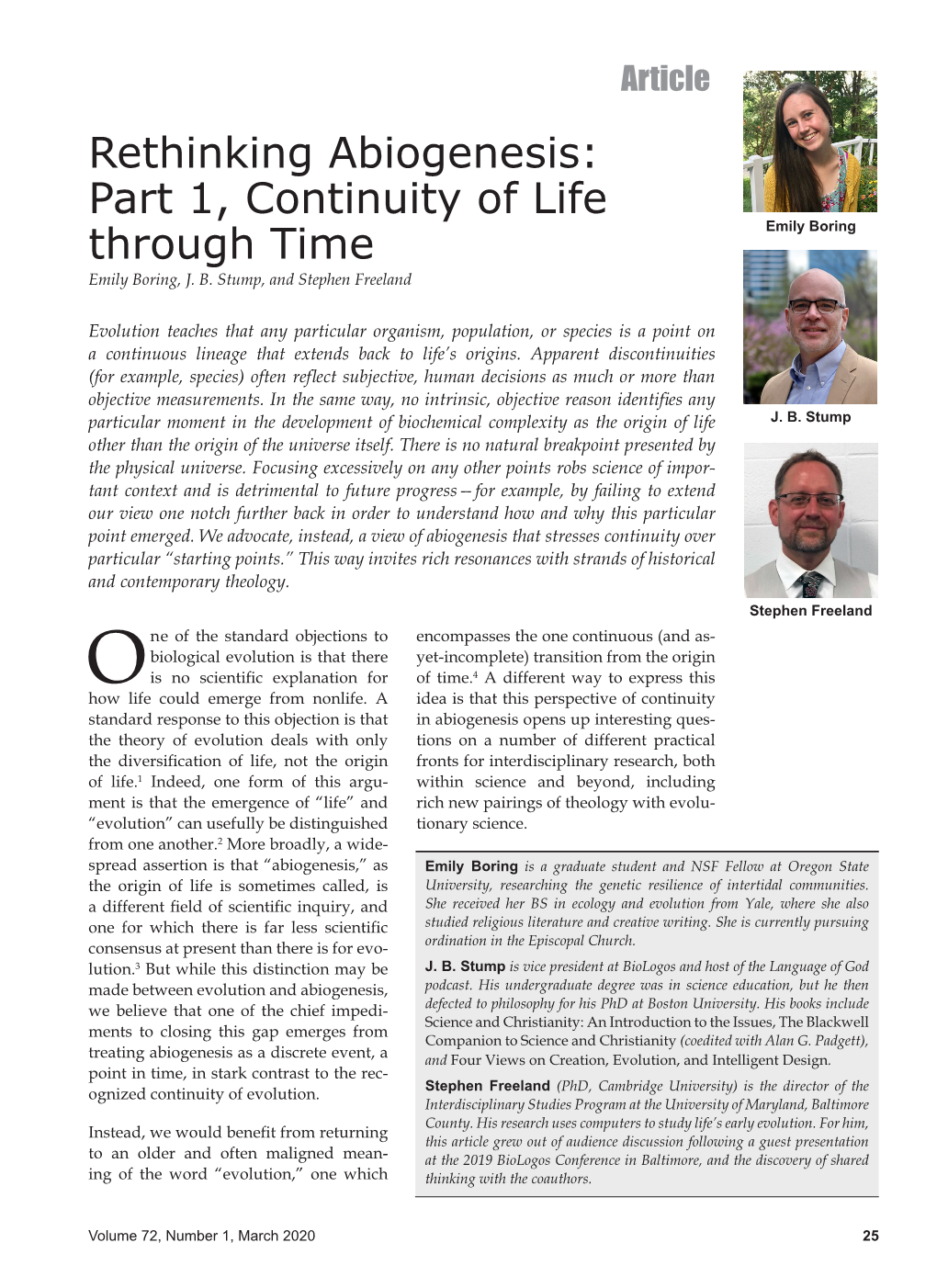 Rethinking Abiogenesis: Part 1, Continuity of Life Through Time Emily Boring Emily Boring, J