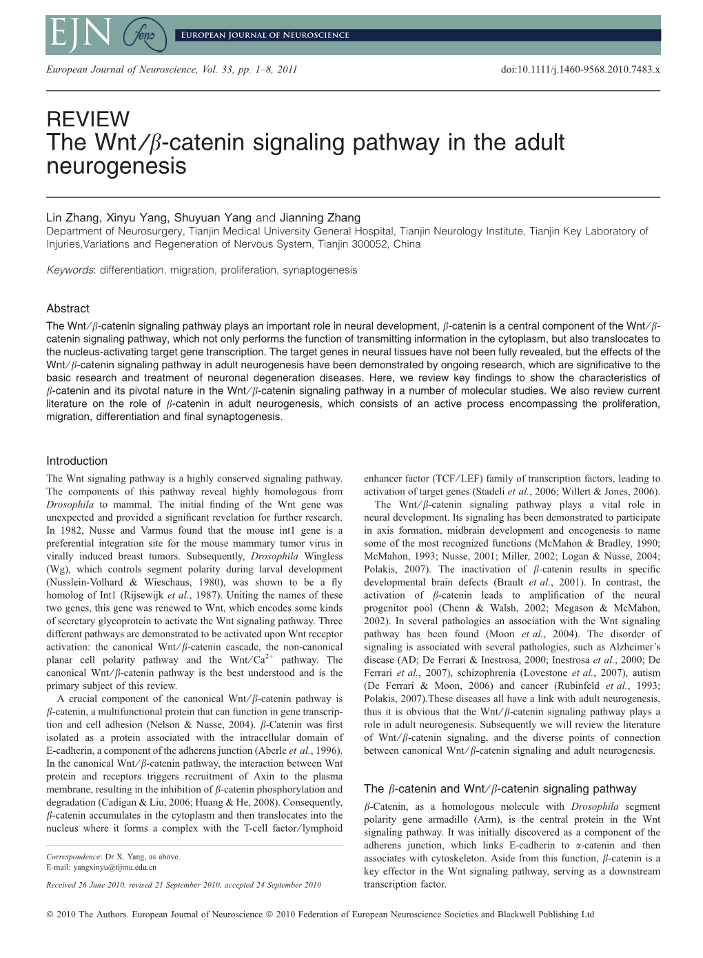 The Wntcatenin Signaling Pathway in the Adult Neurogenesis