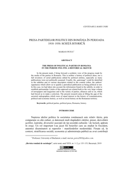 Presa Partidelor Politice Din România În Perioada 1918–1930. Schiţă Istorică