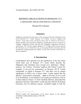 BINDING OBLIGATIONS in ROMANS 13:7: a SEMANTIC FIELD and SOCIAL CONTEXT Thomas M
