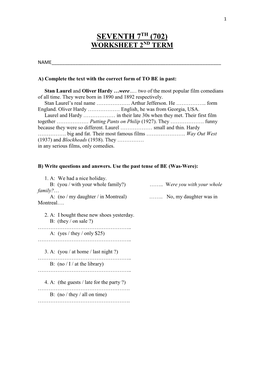 Seventh 7Th (702) Worksheet 2Nd Term