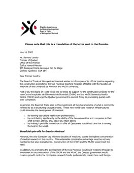 Please Note That This Is a Translation of the Letter Sent to the Premier