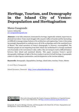 Heritage, Tourism, and Demography in the Island City of Venice: Depopulation and Heritagisation