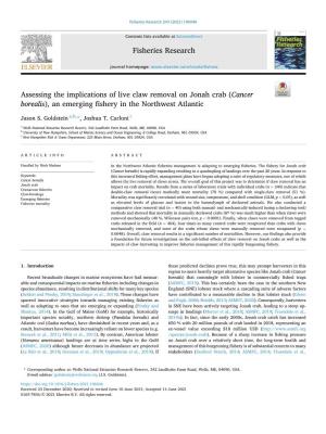 Assessing the Implications of Live Claw Removal on Jonah Crab (Cancer Borealis), an Emerging Fishery in the Northwest Atlantic