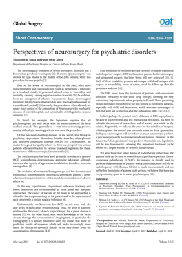 Perspectives of Neurosurgery for Psychiatric Disorders Marcelo B De Sousa and Paulo SB De Abreu Department of Psychiatry, Hospital De Clínicas De Porto Alegre, Brazil