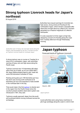 Strong Typhoon Lionrock Heads for Japan's Northeast 30 August 2016