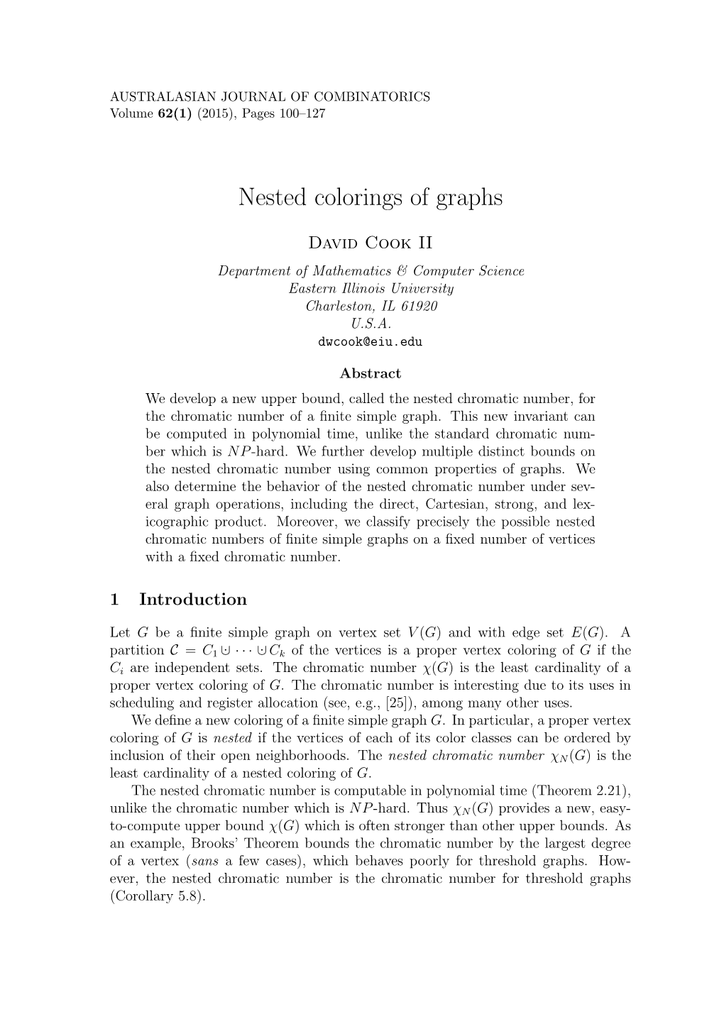 Nested Colorings of Graphs