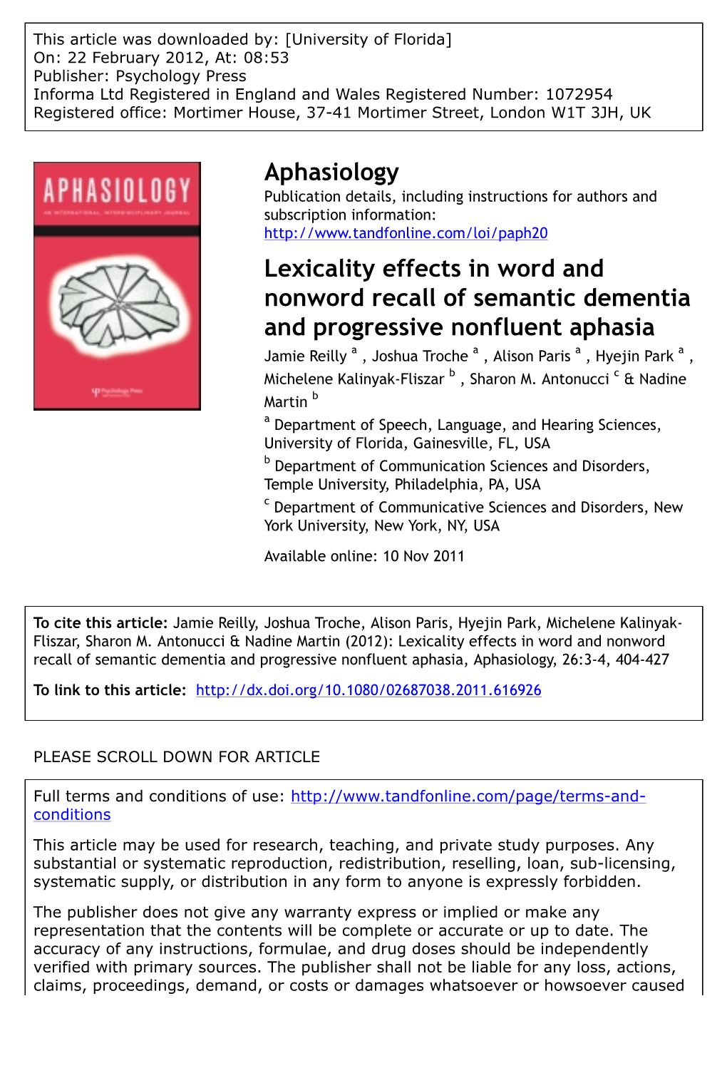 Lexicality Effects in Word and Nonword Recall of Semantic Dementia