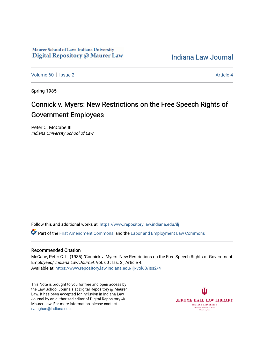 Connick V. Myers: New Restrictions on the Free Speech Rights of Government Employees