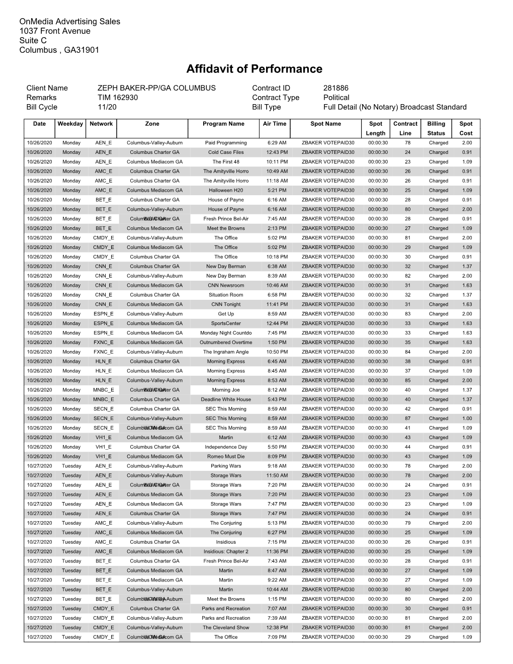 Affidavit of Performance