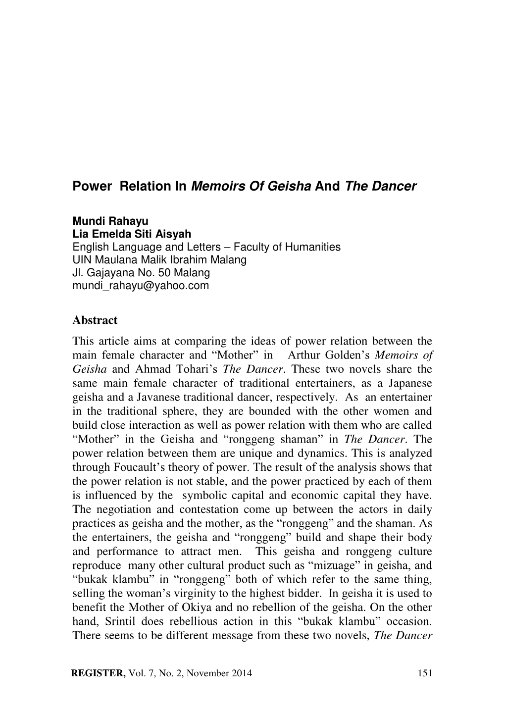 Power Relation in Memoirs of Geisha and the Dancer