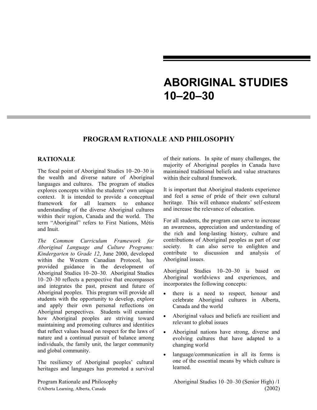 Aboriginal Studies 10–20–30