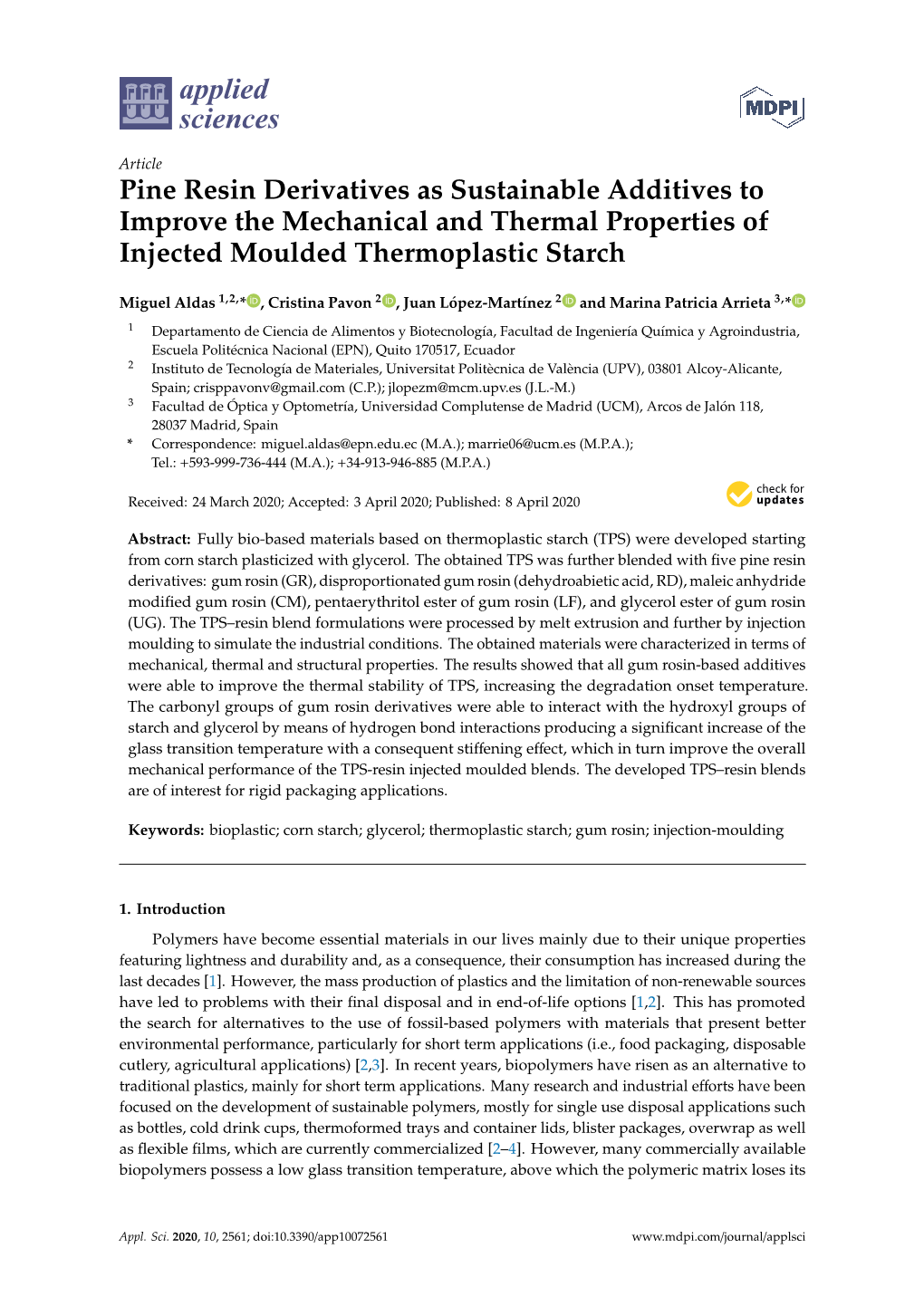 Pine Resin Derivatives As Sustainable Additives to Improve the Mechanical and Thermal Properties of Injected Moulded Thermoplastic Starch