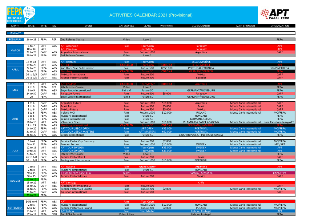 ACTIVITIES CALENDAR 2021 (Provisional)