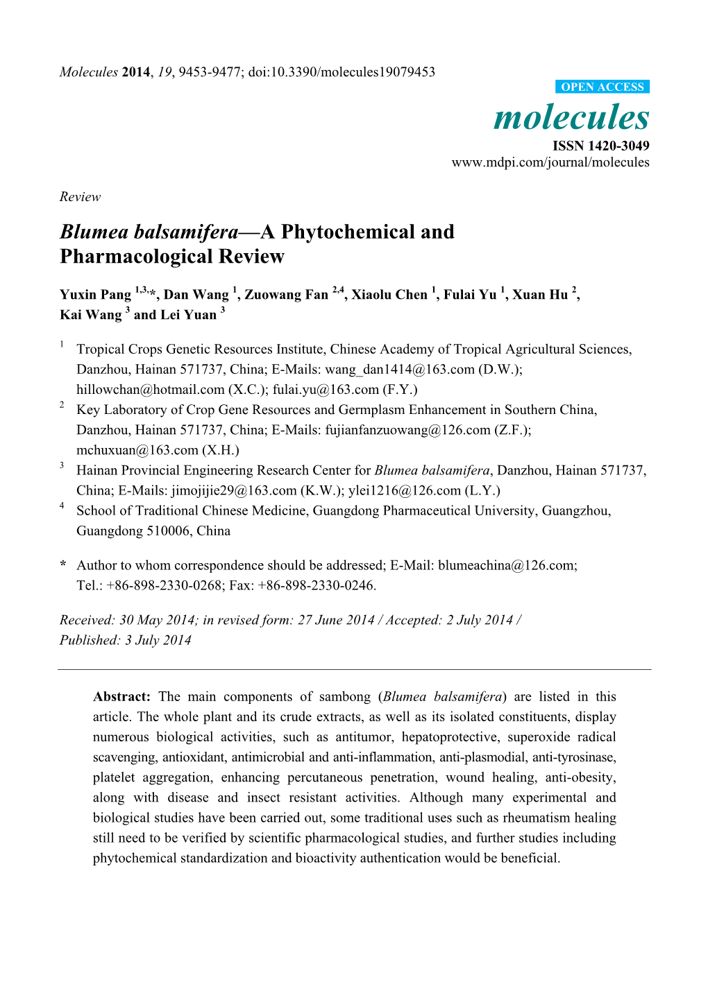 Blumea Balsamifera—A Phytochemical and Pharmacological Review