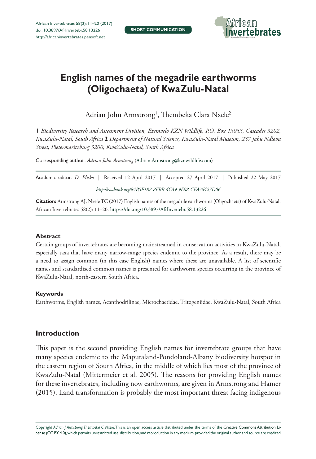 English Names of the Megadrile Earthworms (Oligochaeta) of Kwazulu-Natal