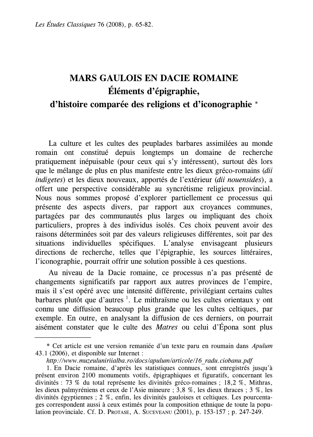 MARS GAULOIS EN DACIE ROMAINE Éléments D'épigraphie, D