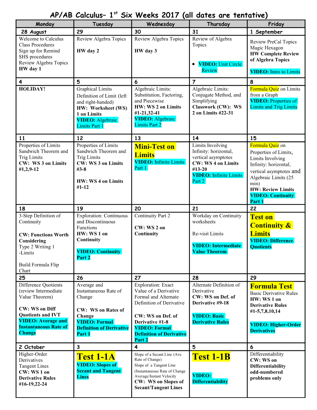 AP/AB Calculus 1St Six Weeks 2017 (All Dates Are Tentative)