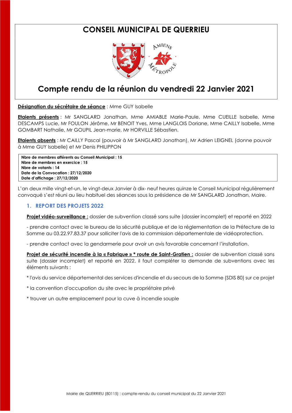 CONSEIL MUNICIPAL DE QUERRIEU Compte Rendu De La Réunion Du