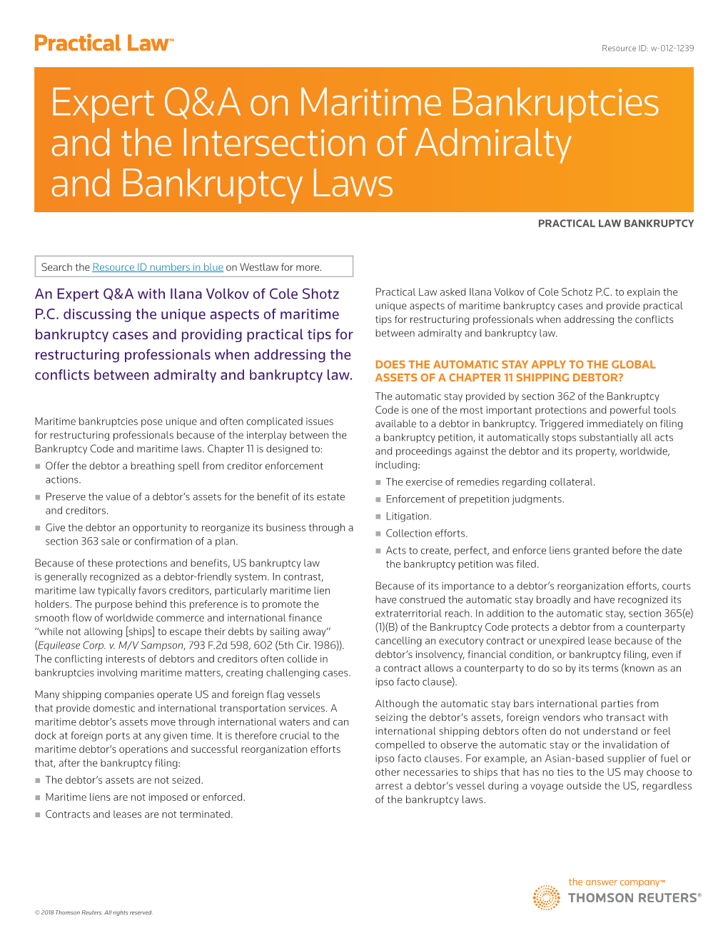 Expert Q&A on Maritime Bankruptcies and the Intersection of Admiralty and Bankruptcy Laws