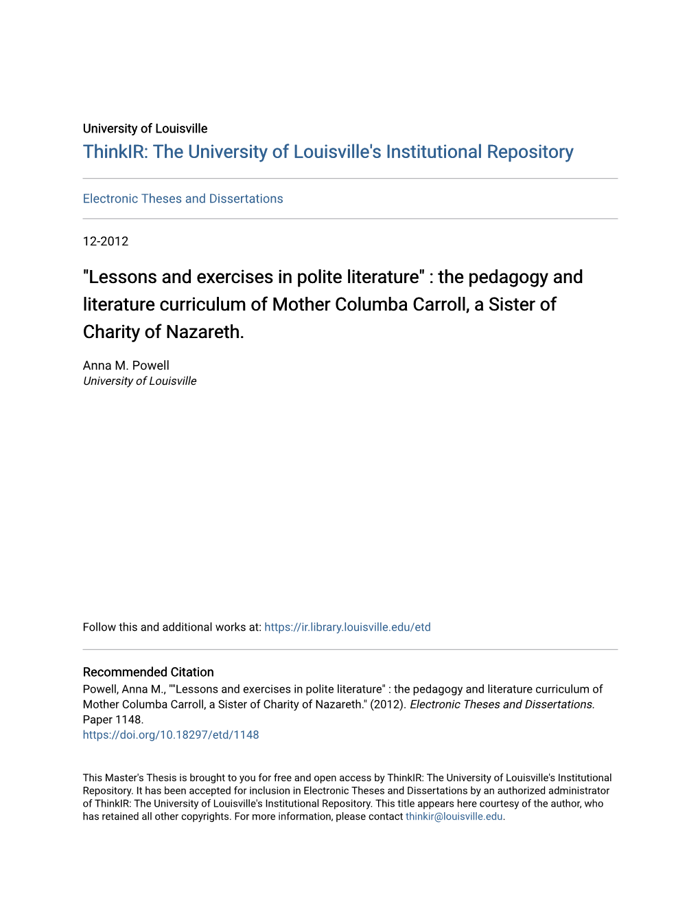 The Pedagogy and Literature Curriculum of Mother Columba Carroll, a Sister of Charity of Nazareth