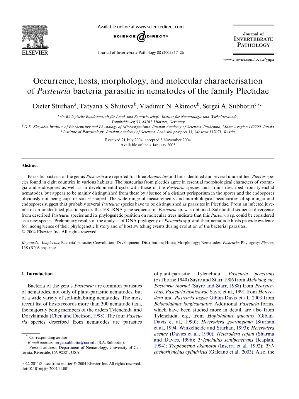 Occurrence, Hosts, Morphology, and Molecular Characterisation of Pasteuria Bacteria Parasitic in Nematodes of the Family Plectidae