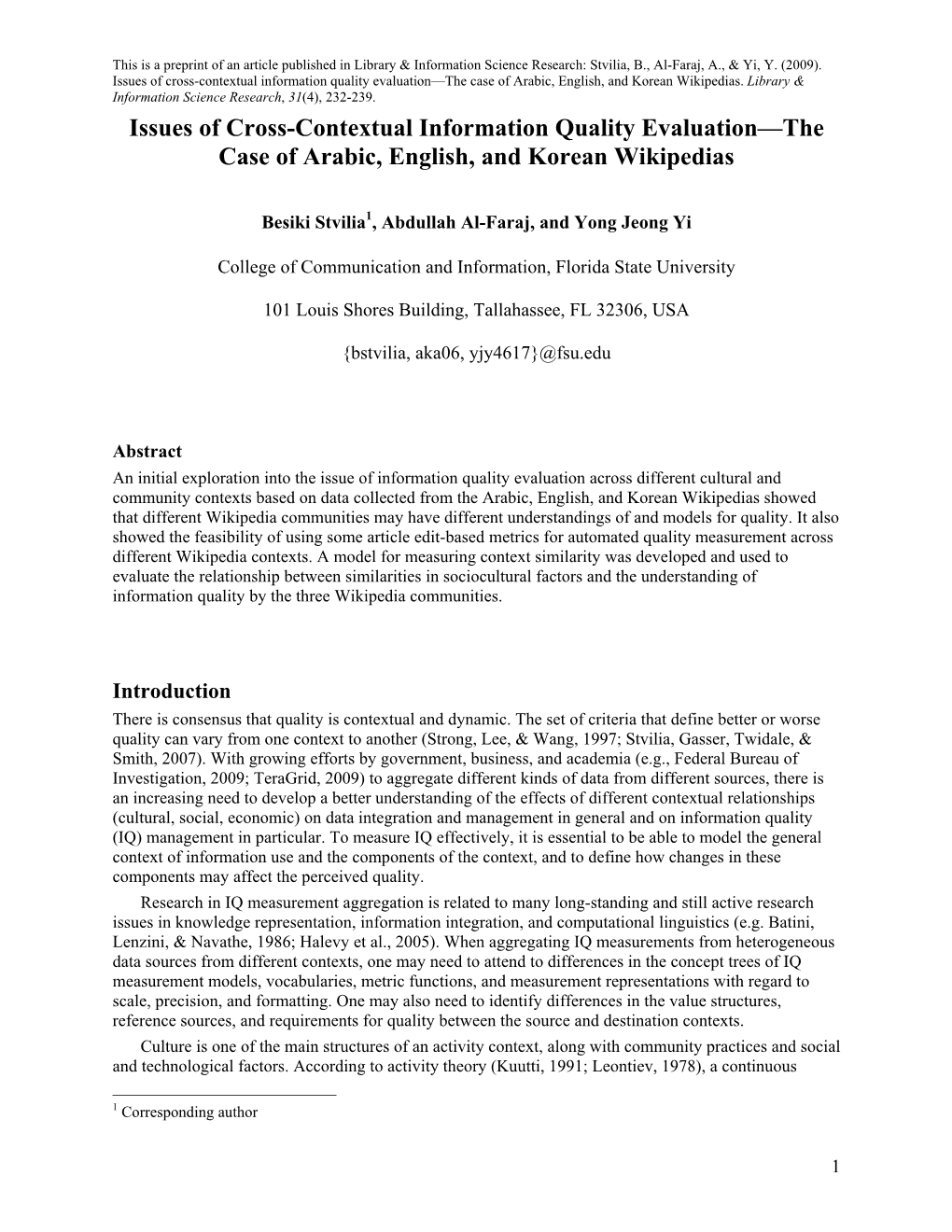 Issues of Cross-Contextual Information Quality Evaluation—The Case of Arabic, English, and Korean Wikipedias