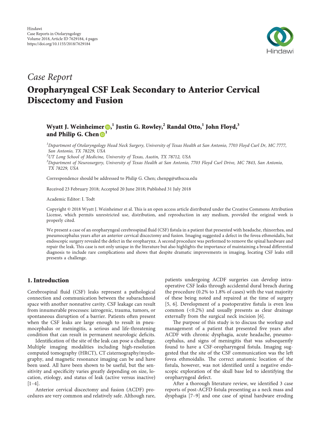 Oropharyngeal CSF Leak Secondary to Anterior Cervical Discectomy and Fusion