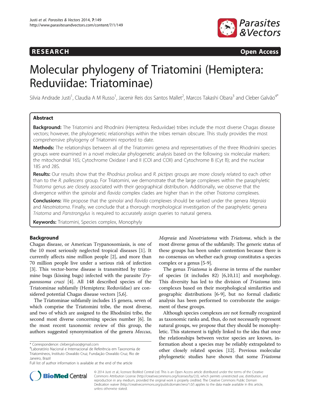 Molecular Phylogeny of Triatomini (Hemiptera: Reduviidae: Triatominae)