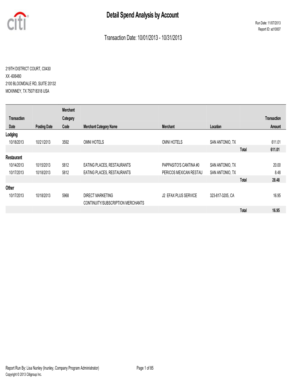 Detail Spend Analysis by Account Run Date: 11/07/2013 Report ID: Sd10007 Transaction Date: 10/01/2013 - 10/31/2013