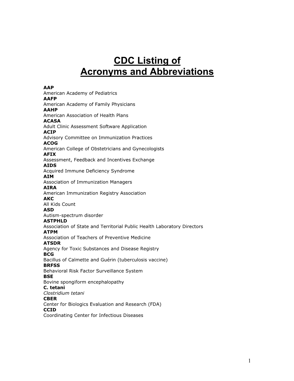 CDC Listing of Acronyms and Abbreviations