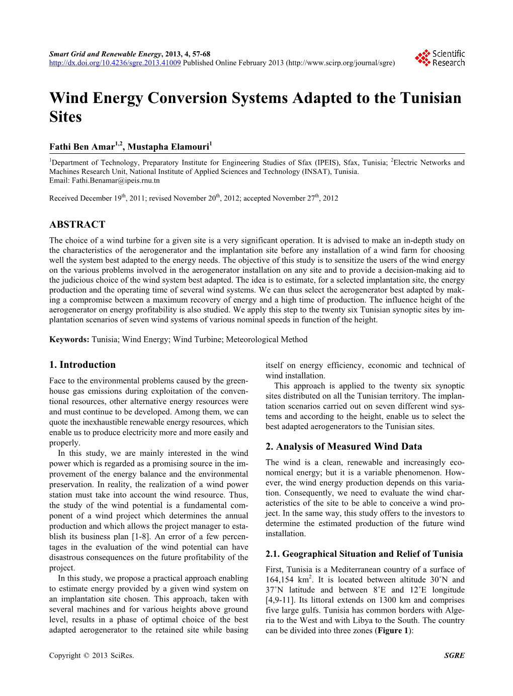 Wind Energy Conversion Systems Adapted to the Tunisian Sites