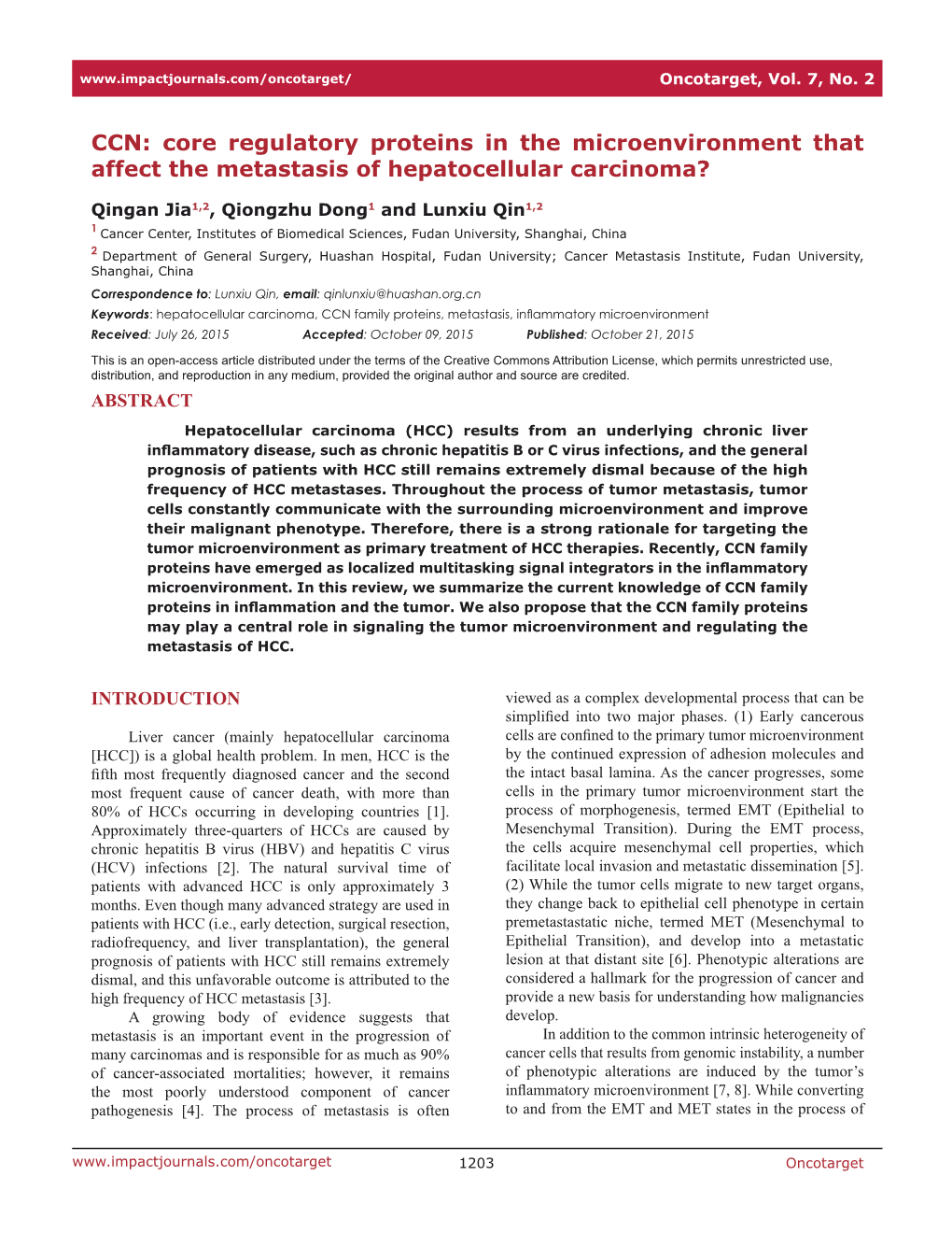 CCN: Core Regulatory Proteins in the Microenvironment That Affect the Metastasis of Hepatocellular Carcinoma?