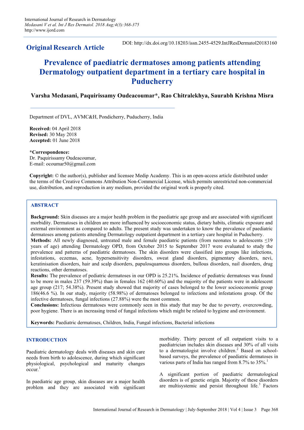 Prevalence of Paediatric Dermatoses Among Patients Attending Dermatology Outpatient Department in a Tertiary Care Hospital in Puducherry