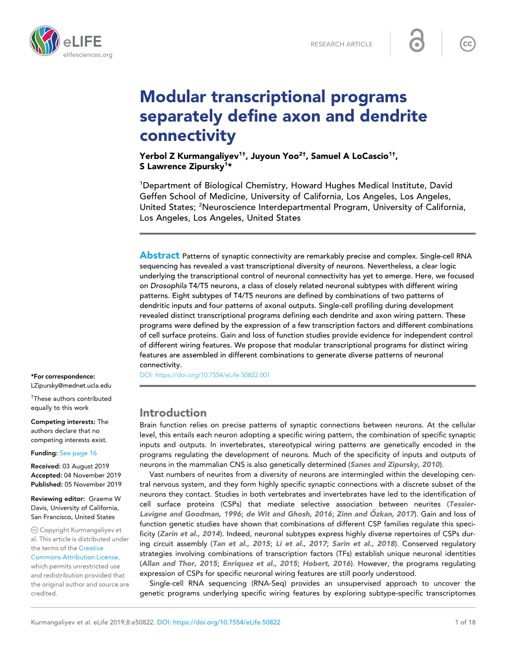 Modular Transcriptional Programs Separately Define Axon and Dendrite Connectivity Yerbol Z Kurmangaliyev1†, Juyoun Yoo2†, Samuel a Locascio1†, S Lawrence Zipursky1*