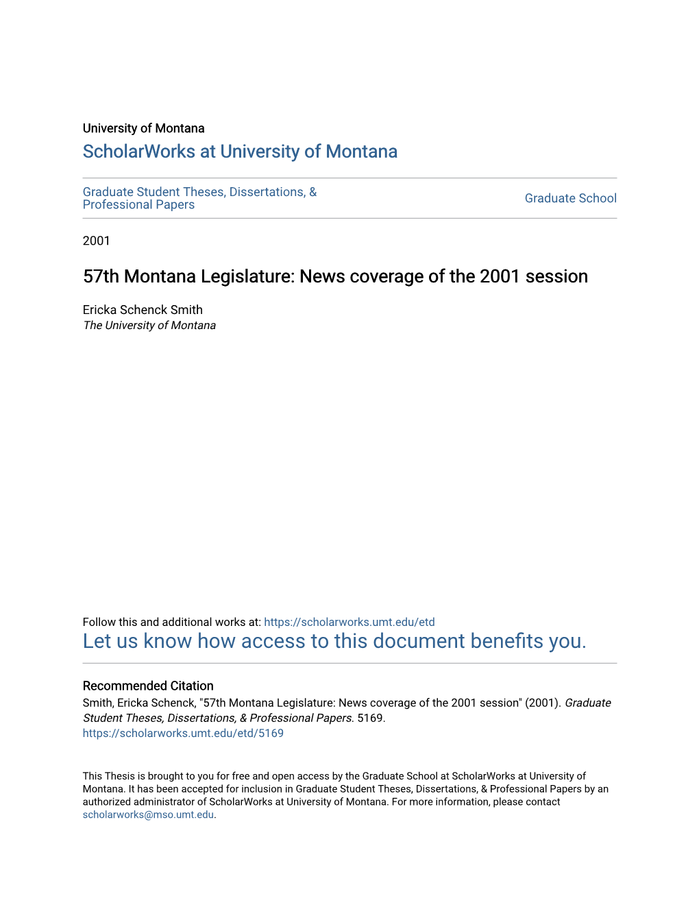 57Th Montana Legislature: News Coverage of the 2001 Session