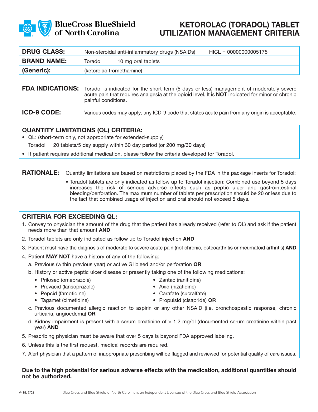 (Toradol) Tablet Utilization Management Criteria