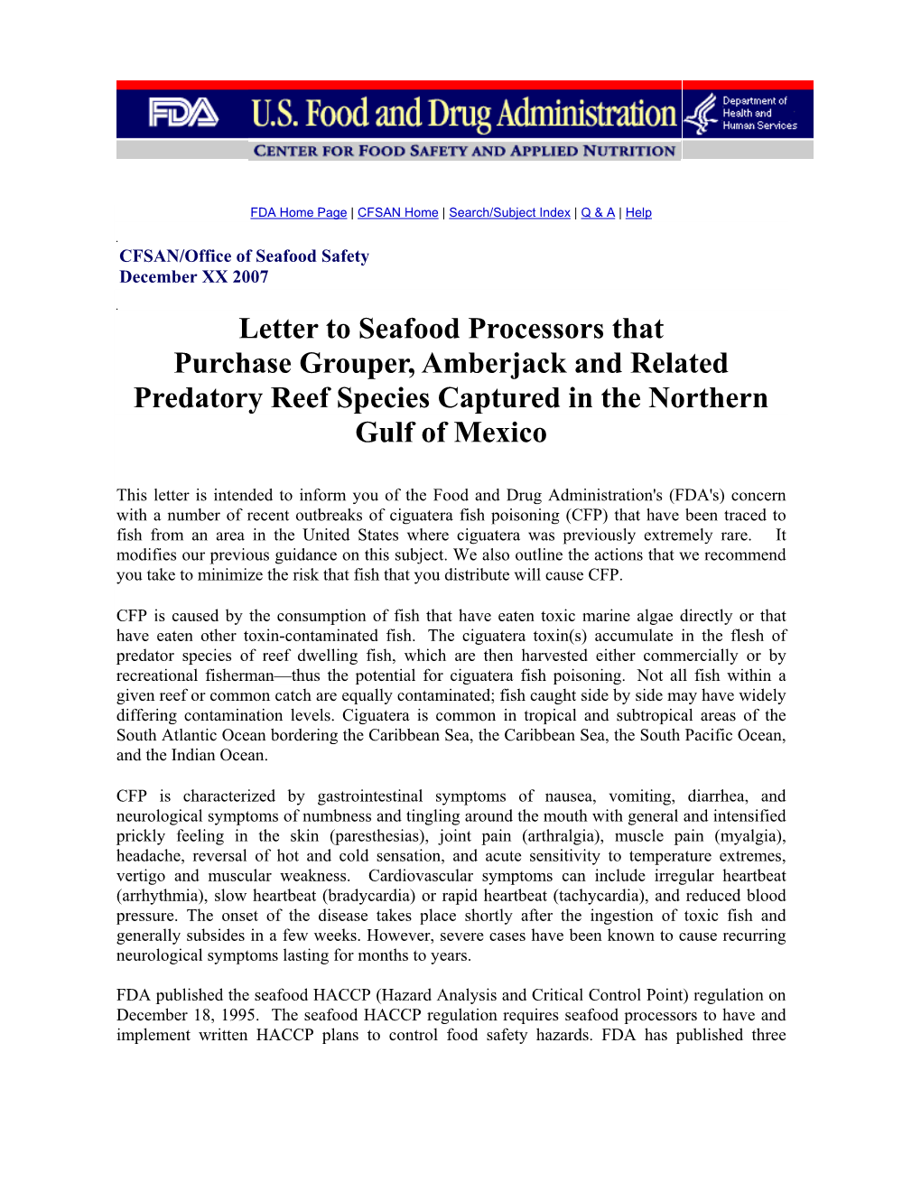 Letter to Seafood Processors That Purchase Grouper, Amberjack and Related Predatory Reef Species Captured in the Northern Gulf of Mexico