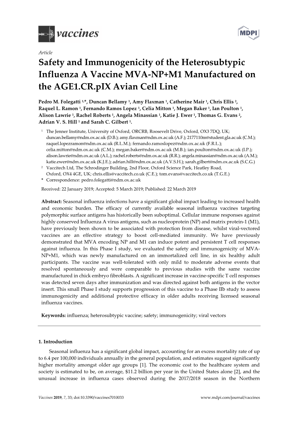 Safety and Immunogenicity of the Heterosubtypic Influenza a Vaccine MVA-NP+M1 Manufactured on the AGE1.CR.Pix Avian Cell Line