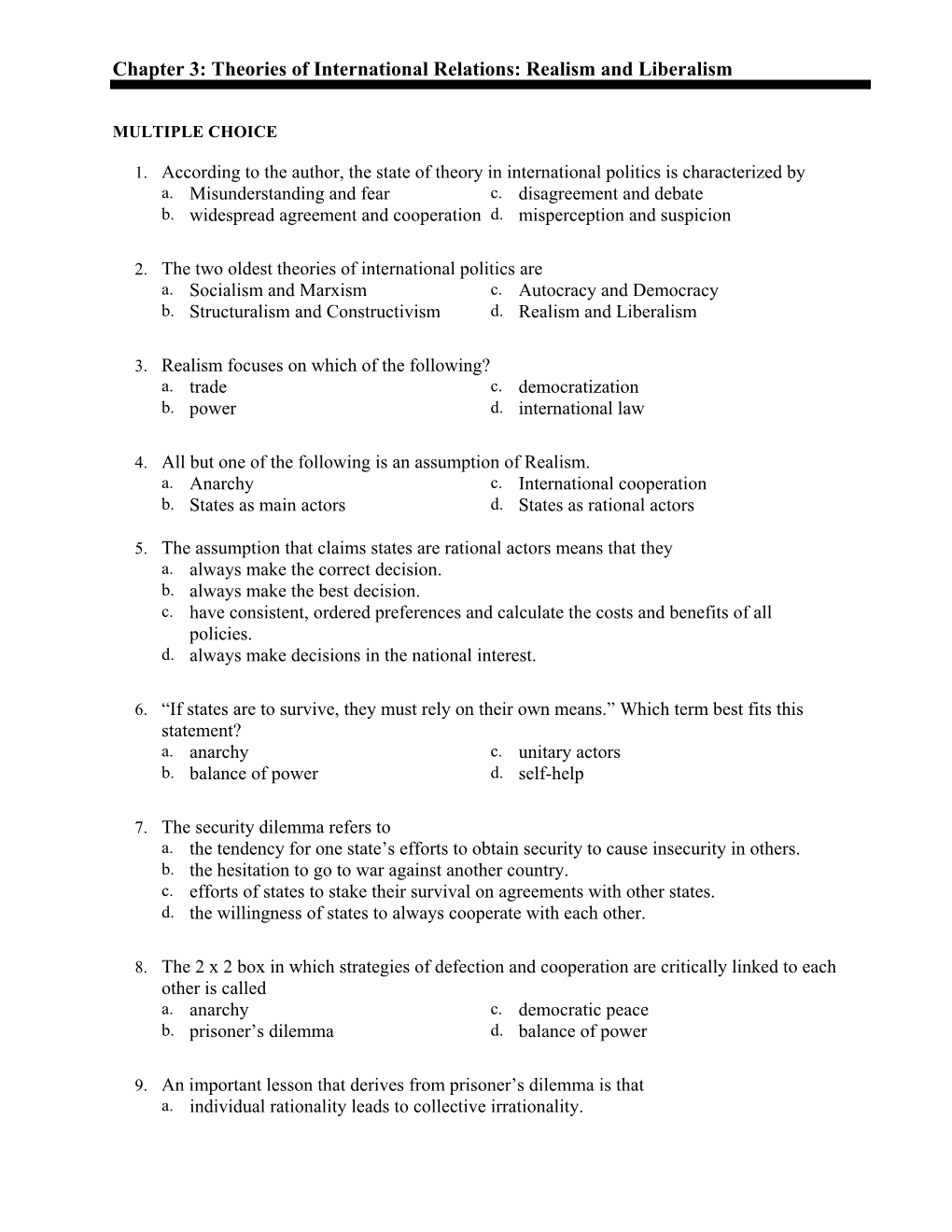 Chapter 3: Theories of International Relations: Realism and Liberalism