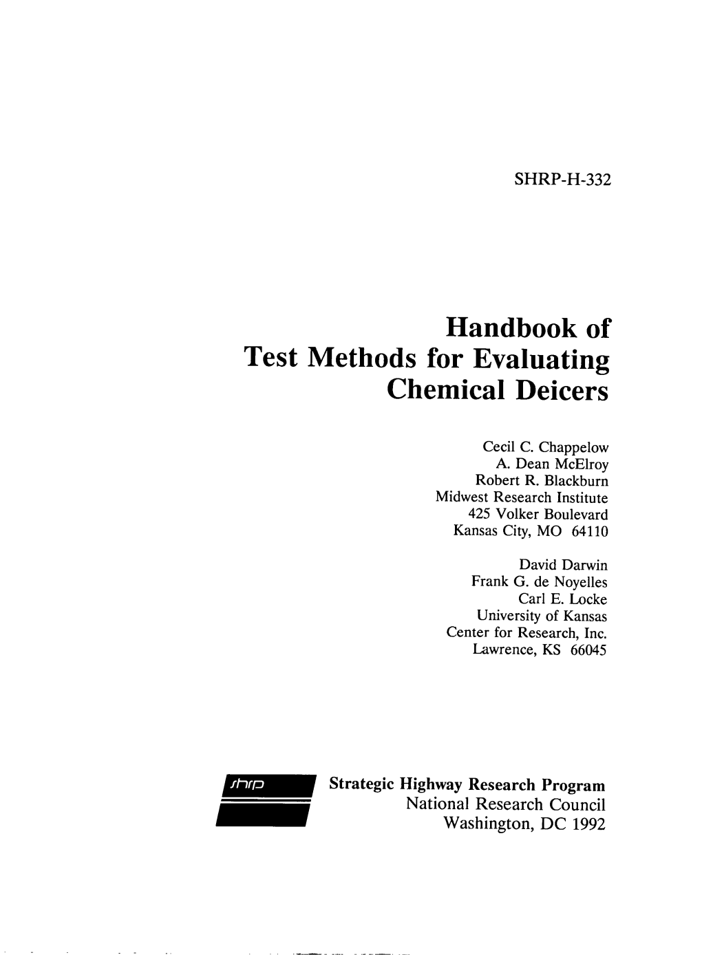 Handbook of Test Methods for Evaluating Chemical Deicers